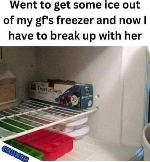 Went to get some ice out of my gfs freezer and now have to break up with her