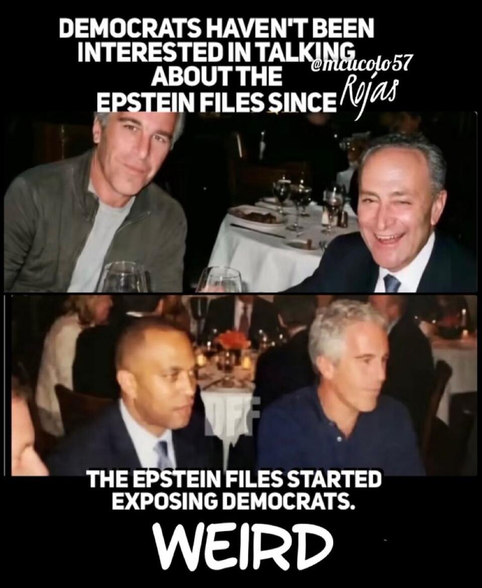 DEMOCRATS HAVEN'T BEEN INTERESTED IN TALKING ABOUT THE EPSTEIN FILES SINCE THE EPSTEIN FILES STARTED EXPOSING DEMOCRATS. WEIRD