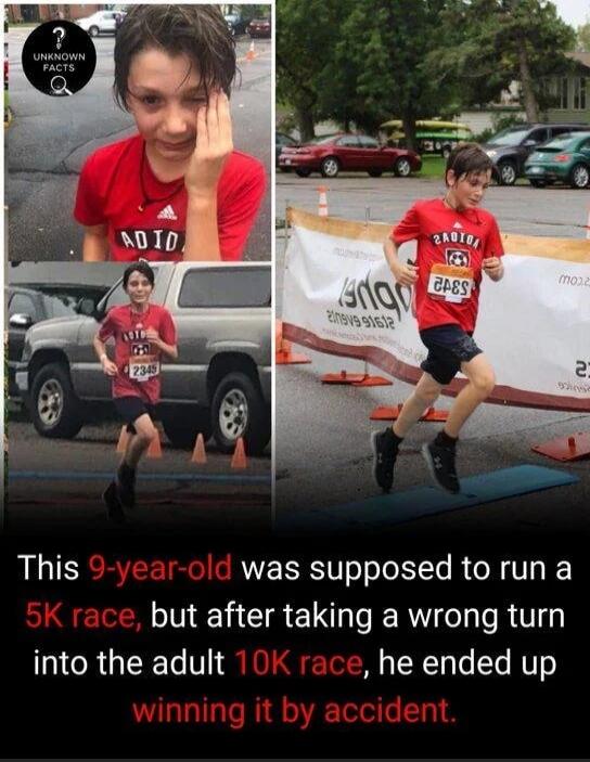This 9-year-old was supposed to run a 5K race, but after taking a wrong turn into the adult 10K race, he ended up winning it by accident.