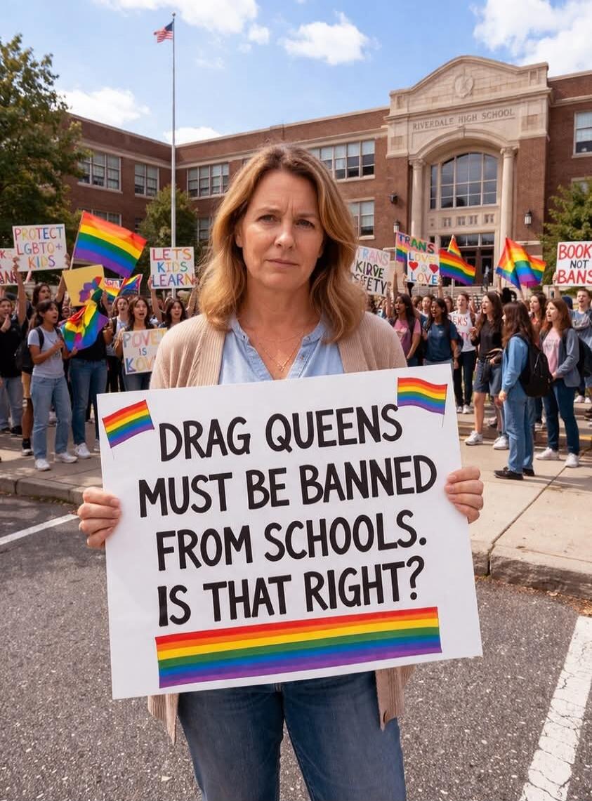 DRAG QUEENS MUST BE BANNED FROM SCHOOLS. IS THAT RIGHT? RIVERDALE HIGH SCHOOL. PROTECT LGBTQ+ KIDS. LETS KIDS LEARN. TRANS LOVE IS LOVE. BOOKS NOT BANS. LOVE IS LOVE.