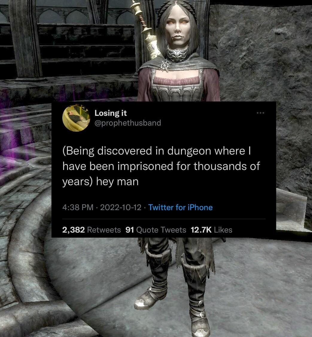 Being discovered in dungeon where have been imprisoned for thousands of years hey man 438 PM 202210 42 Twitter for iPhone 2382 Retweets 91Qu 15 127K Lkes