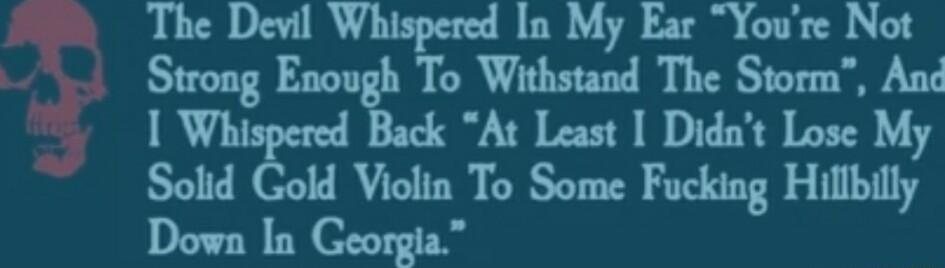 The Devil Whispered In My Ear Youre Not Strong Enough To Withstand The Storm And 1 Back At Least Didnt Lose My Solid Gold Violin To Some Fucking Hillbilly Diwala Coonga