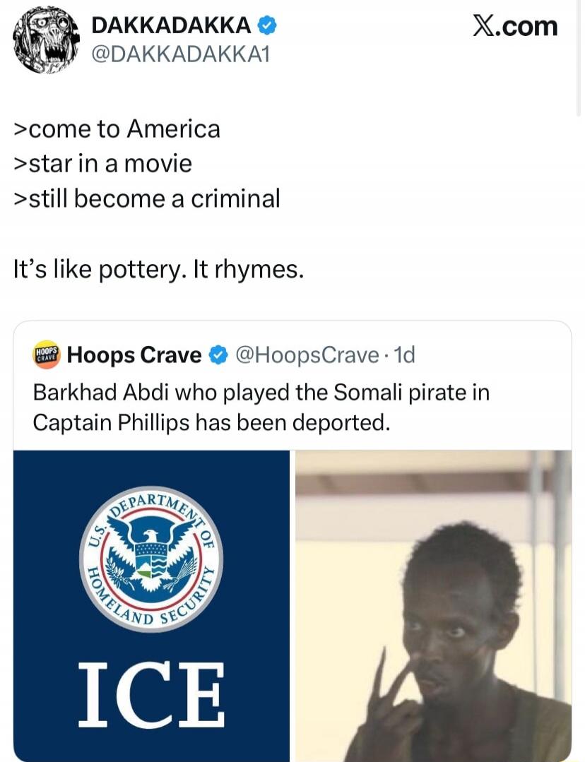 >come to America
>star in a movie
>still become a criminal

It’s like pottery. It rhymes.

Hoops Crave tweet: Barkhad Abdi who played the Somali pirate in Captain Phillips has been deported.
