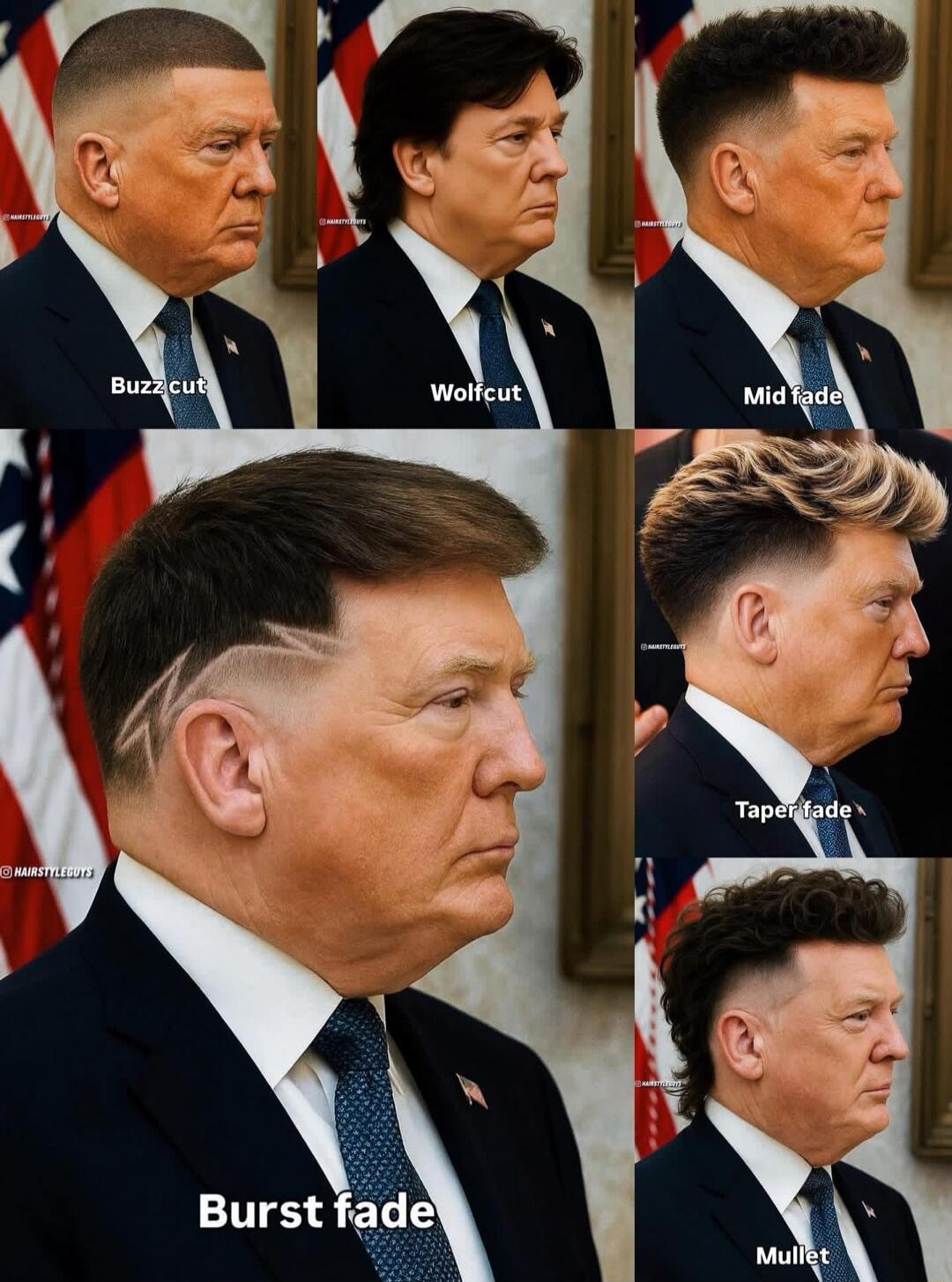 Buzzcut
Wolfcut
Mid fade
Taper fade
Burst fade
Mullet