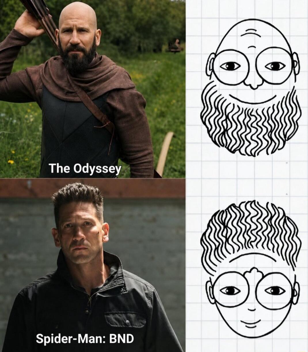 A meme comparing two characters: a bald, bearded man from 'The Odyssey' and a man with wavy hair from 'Spider-Man: BND'. Next to each character is a cartoon drawing of their face inverted, with glasses added, showing how their hair/beard can be interpreted as the other feature when upside down. The text on the image reads: 'The Odyssey' and 'Spider