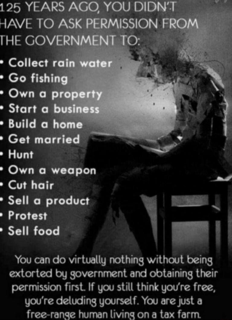 125 YEARS HAVE TO Sell product j Protest Sell food You can do virtually nothing without being extorted by government and obtaining their permission first If you still think youre free youre deluding yourself You are just a free range human living on a tax farm