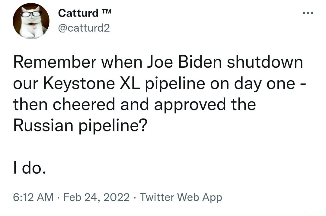 Catturd catturd2 Remember when Joe Biden shutdown our Keystone XL pipeline on day one then cheered and approved the Russian pipeline do 612 AM Feb 24 2022 Twitter Web App