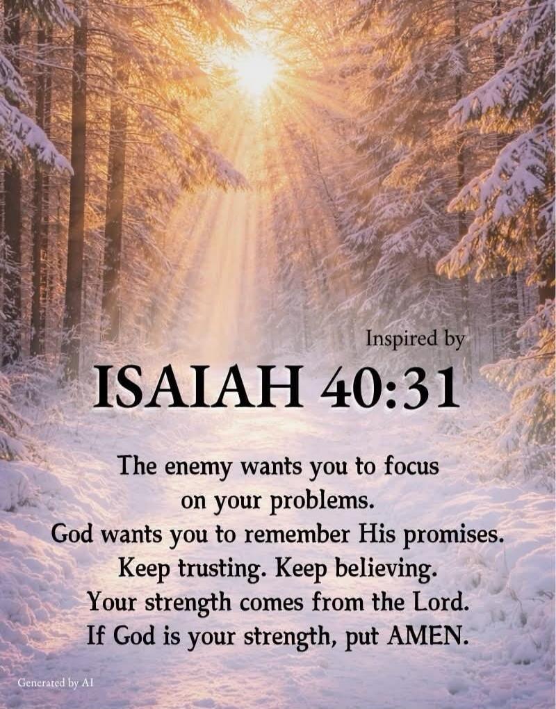 Inspired by ISAIAH 40:31 The enemy wants you to focus on your problems. God wants you to remember His promises. Keep trusting. Keep believing. Your strength comes from the Lord. If God is your strength, put AMEN. Generated by AI
