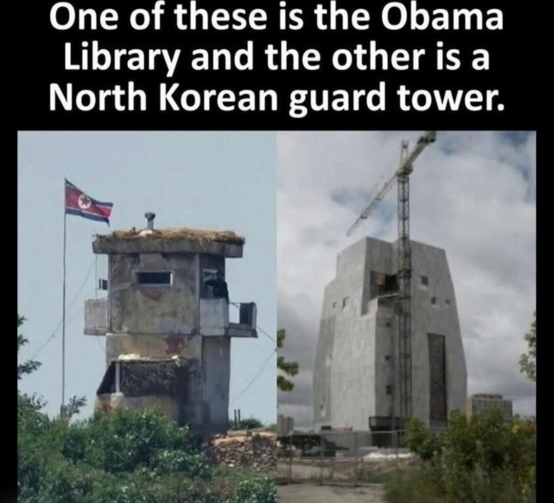 One of these is the Obama Library and the other is a North Korean guard tower.