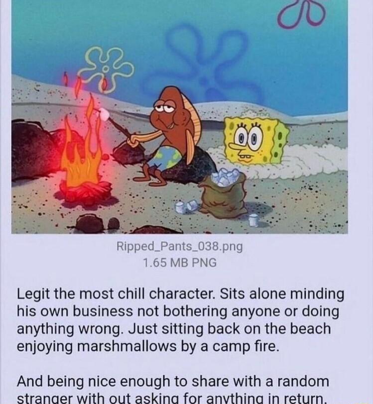 Legit the most chill character Sits alone minding his own business not bothering anyone or doing anything wrong Just sitting back on the beach enjoying marshmallows by a camp fire And being nice enough to share with a random stranaer with out askina for anvthina in return