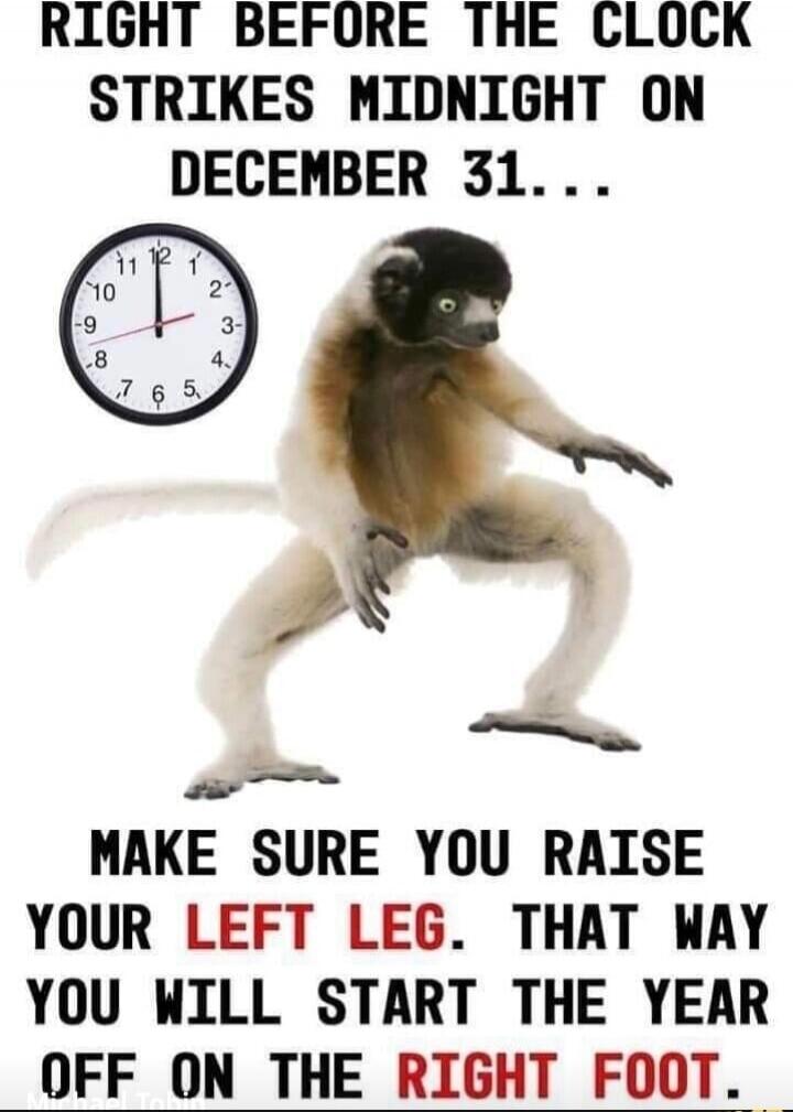 RIGHT BEFORE THE CLOCK STRIKES MIDNIGHT ON DECEMBER 31... MAKE SURE YOU RAISE YOUR LEFT LEG. THAT WAY YOU WILL START THE YEAR OFF ON THE RIGHT FOOT.
