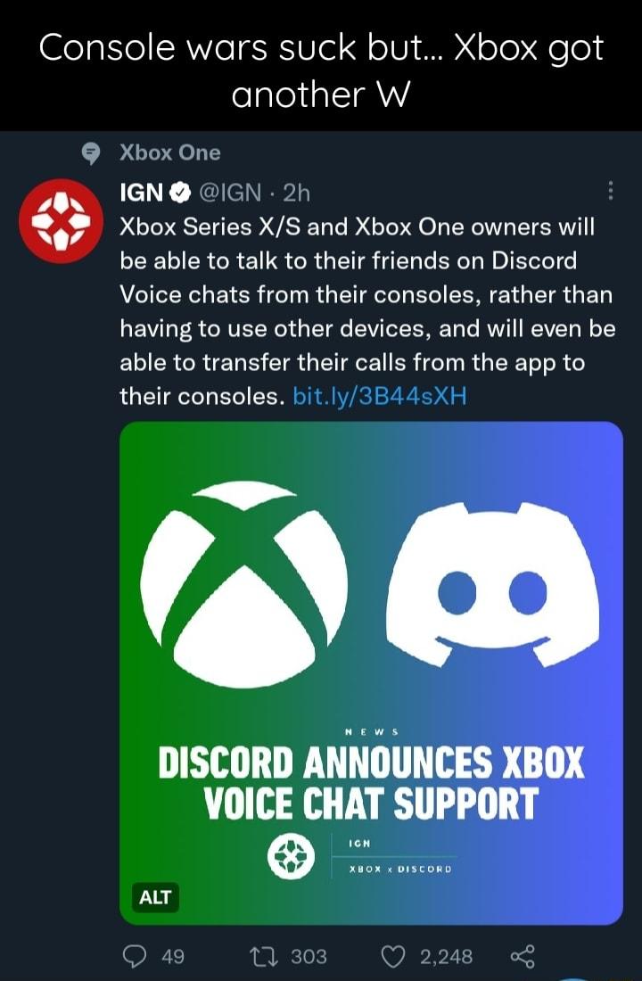 Console wars suck but Xbox got another W Xbox One IGN i k Xbox Series XS and Xbox One owners will be able to talk to their friends on Discord AGICERCUETER T R GG EL EENETGEIG GED LEVLESGRVELYS G IR BV CEEREN LRV EVEL Eo able to transfer their calls from the app to RUCITELLELIEER M DISCORD ANNOUNCES XBOX VOICE CHAT SUPPORT ALT