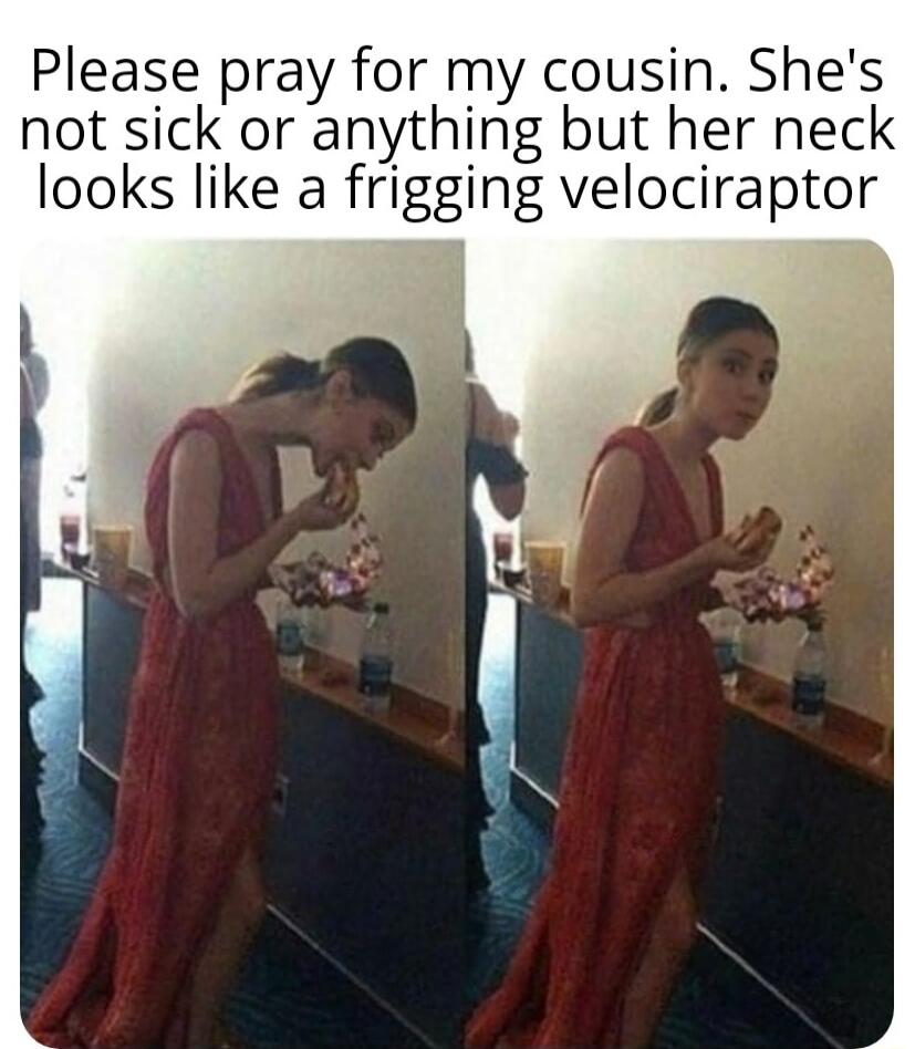 Please pray for my cousin Shes not sick or anything but her neck looks like a frigging velociraptor