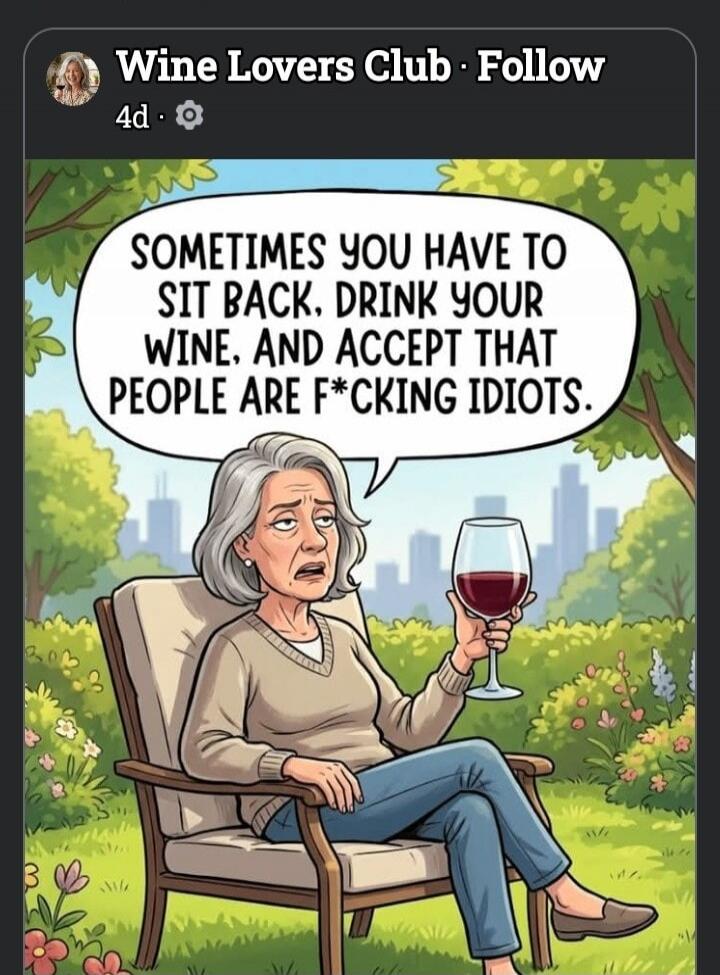 SOMETIMES YOU HAVE TO SIT BACK, DRINK YOUR WINE, AND ACCEPT THAT PEOPLE ARE F*CKING IDIOTS.