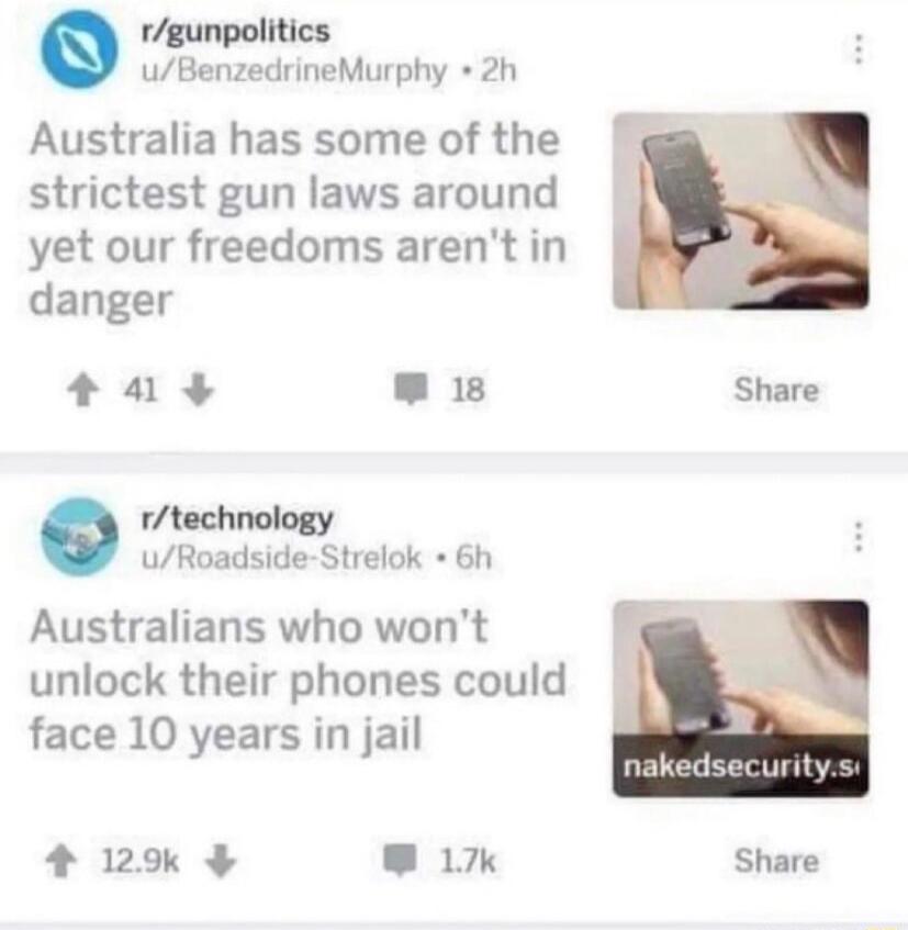 rgunpolitics uBenzedrineMurphy 2h Australia has some of the ig strictest gun laws around yet our freedoms arent in danger ad LBt Share technology uRoadside Strelok 6h Australians who wont unlock their phones could face 10 years in jail 4 2 o 17k Share
