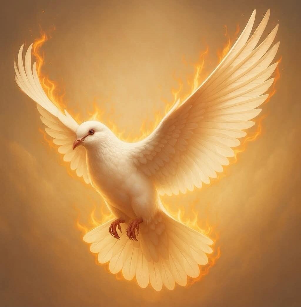 A white dove with flames around it in a warm, glowing background.