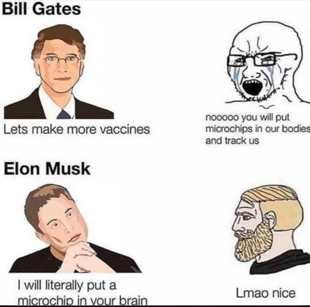 Bill Gates nooooo you will put Lets make more vaccines microchips in our bodies and track us Elon Musk vylll Ilteally put a T