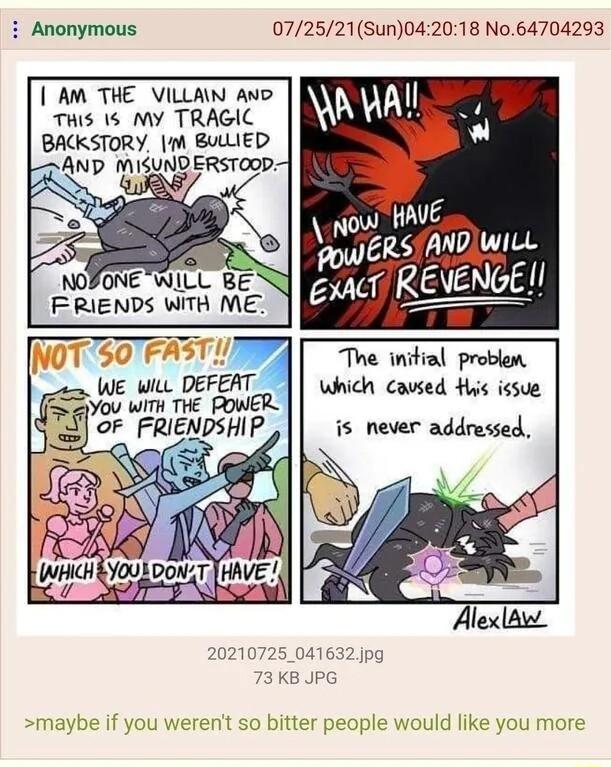 i Anonymous 072521Sun042018 No64704293 AM THE VILLAN Ano IK L Lo el h A BACKSTORY BULIED L AND MISUND ERSTOOD NOFONE WILL BE F RIENDS WITH ME FASTY The initial problem wzwn fL neEFW Which cavsed Has issue FRIENDSHIP is never addressed would like you more