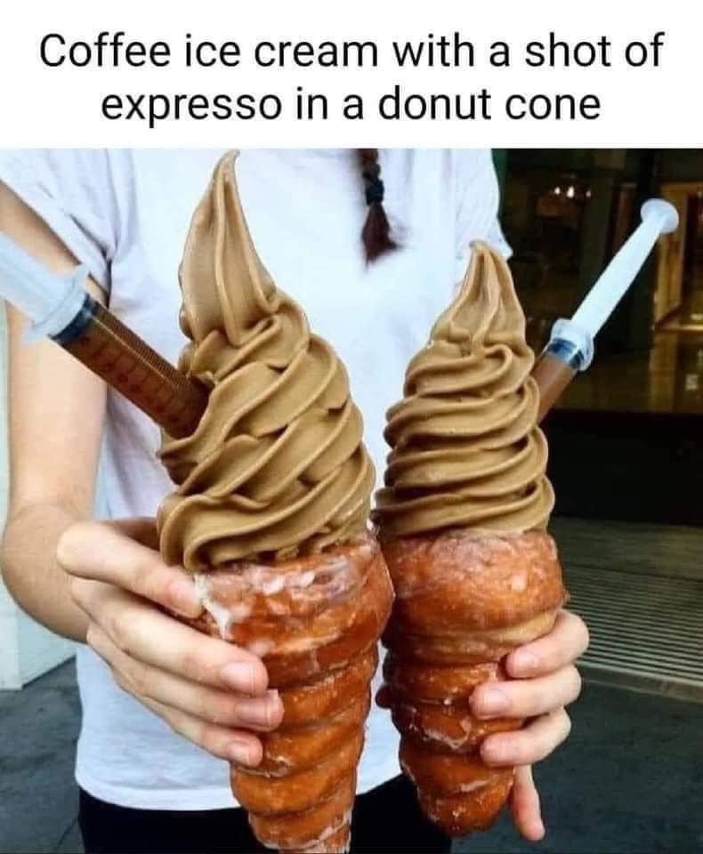 Coffee ice cream with a shot of expresso in a donut cone