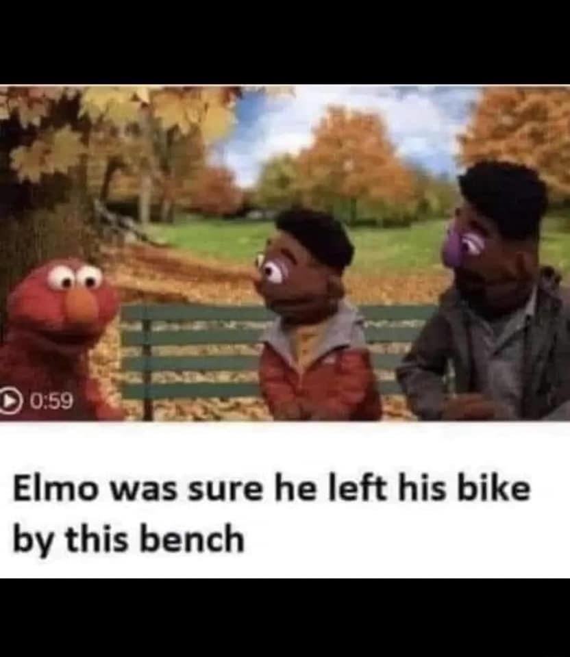Elmo was sure he left his bike by this bench