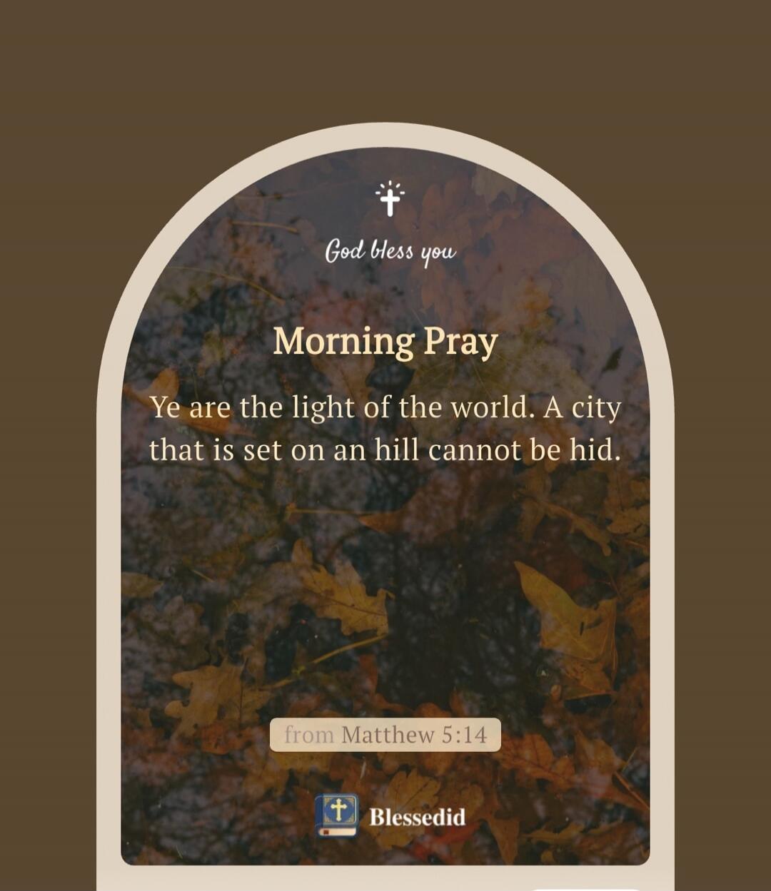 God bless you. Morning Pray. Ye are the light of the world. A city that is set on an hill cannot be hid. from Matthew 5:14. Blessedid.