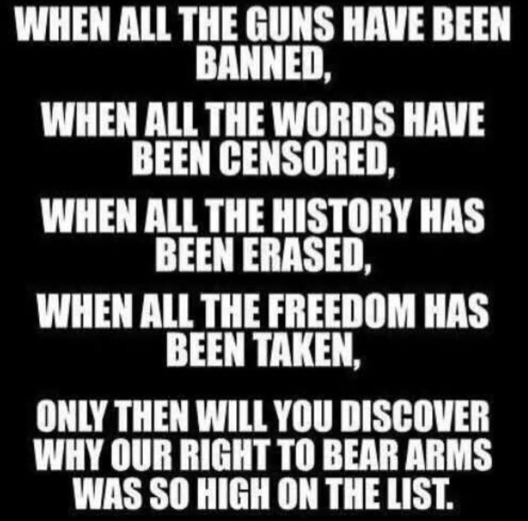 When all the guns have been banned, when all the words have been censored, when all the history has been erased, when all the freedom has been taken, only then will you discover why our right to bear arms was so high on the list.