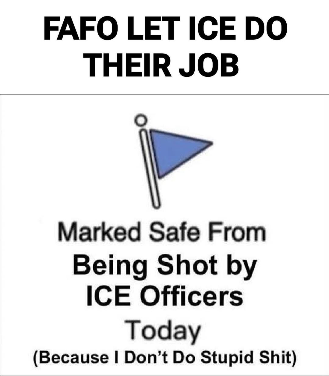 FAFO LET ICE DO THEIR JOB

Marked Safe From Being Shot by ICE Officers Today (Because I Don’t Do Stupid Shit)