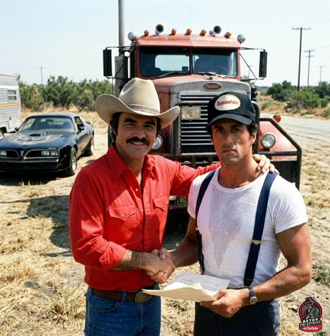 Burt Reynolds and Sylvester Stallone shaking hands in front of a Peterbilt truck and a Pontiac Firebird Trans Am. Stallone wears a cap with 'Bonnéau' written on it. There is also text 'RETRO COLLECTIBLES on YouTube' as a watermark.