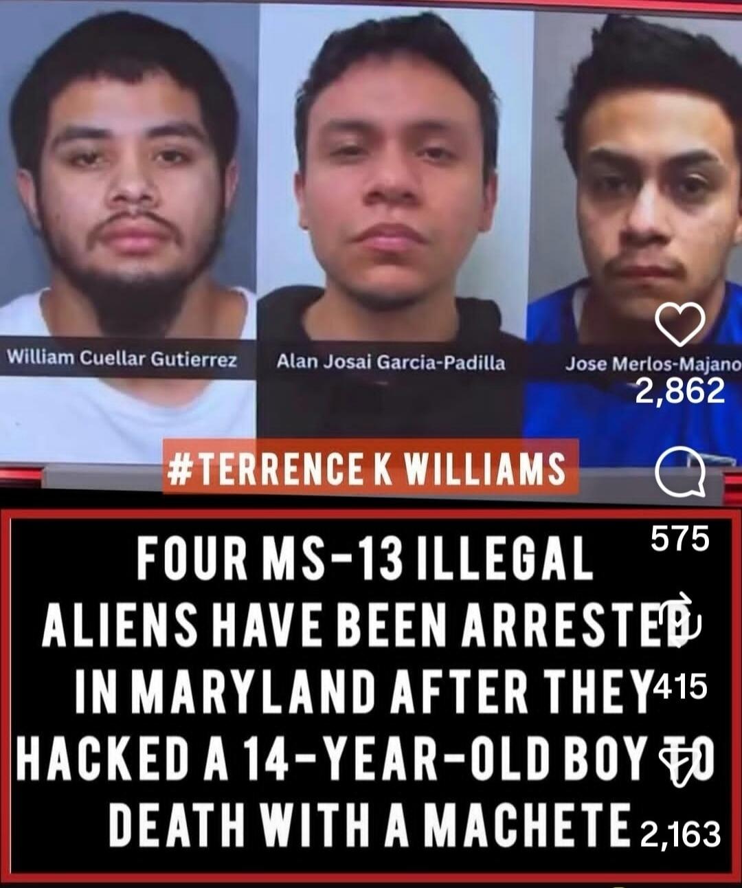 William Cuellar Gutierrez • Alan Josai Garcia-Padilla • Jose Merlos-Majano {text on image shows '#TERRENCE K WILLIAMS' (likely a username/handle)}
FOUR MS-13 ILLEGAL ALIENS HAVE BEEN ARRESTED IN MARYLAND AFTER THEY HACKED A 14-YEAR-OLD BOY TO DEATH WITH A MACHETE