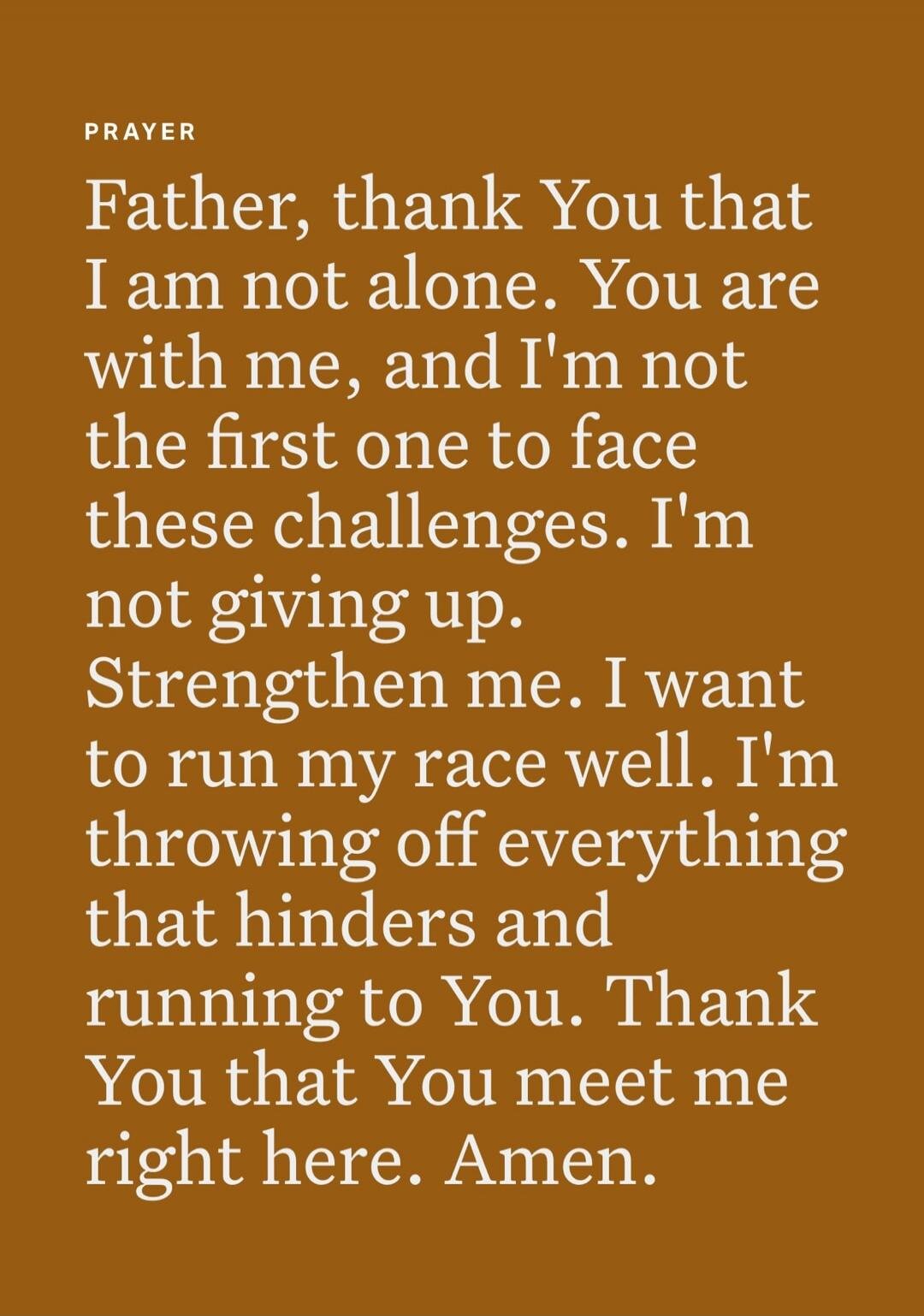 PRAYER
Father, thank You that I am not alone. You are with me, and I'm not the first one to face these challenges. I'm not giving up. Strengthen me. I want to run my race well. I'm throwing off everything that hinders and running to You. Thank You that You meet me right here. Amen.