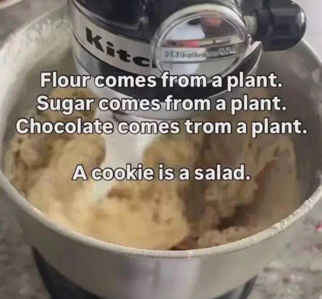 Flour comes from a plant. Sugar comes from a plant. Chocolate comes from a plant. A cookie is a salad.