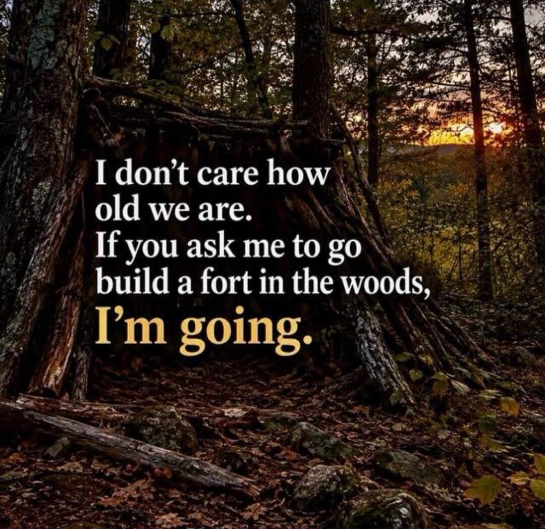 I don't care how old we are. If you ask me to go build a fort in the woods, I'm going.