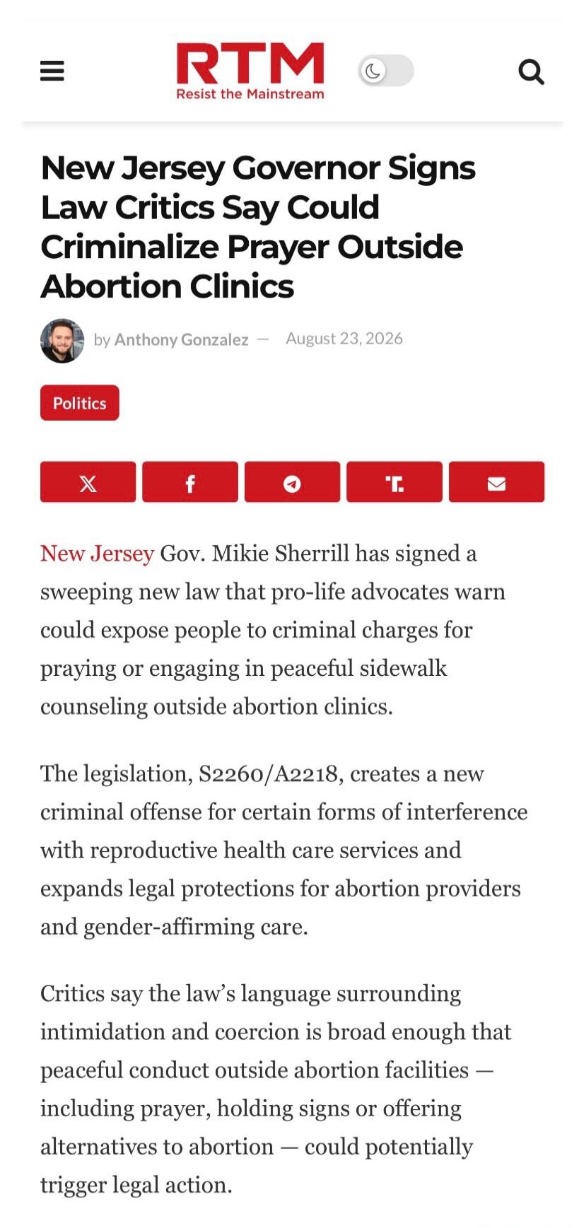 RTM Resist the Mainstream
New Jersey Governor Signs Law Critics Say Could Criminalize Prayer Outside Abortion Clinics
by Anthony Gonzalez - August 23, 2026
Politics
X f T.
New Jersey Gov. Mikie Sherrill has signed a sweeping new law that pro-life advocates warn could expose people to criminal charges for praying or engaging in peaceful sidewalk cou