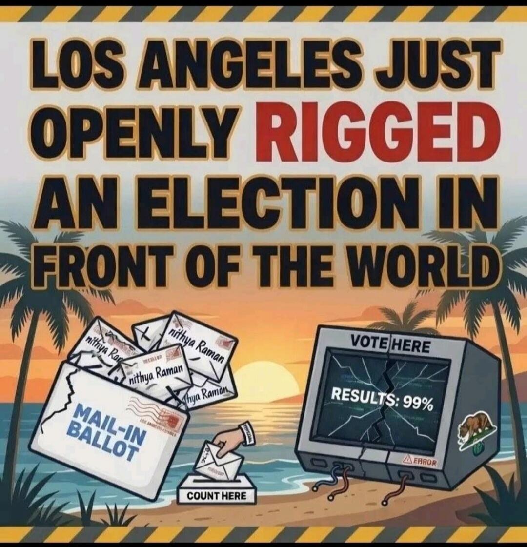 LOS ANGELES JUST OPENLY RIGGED AN ELECTION IN FRONT OF THE WORLD. MAIL-IN BALLOT. Nithya Raman. COUNT HERE. VOTE HERE. RESULTS: 99%. ERROR.