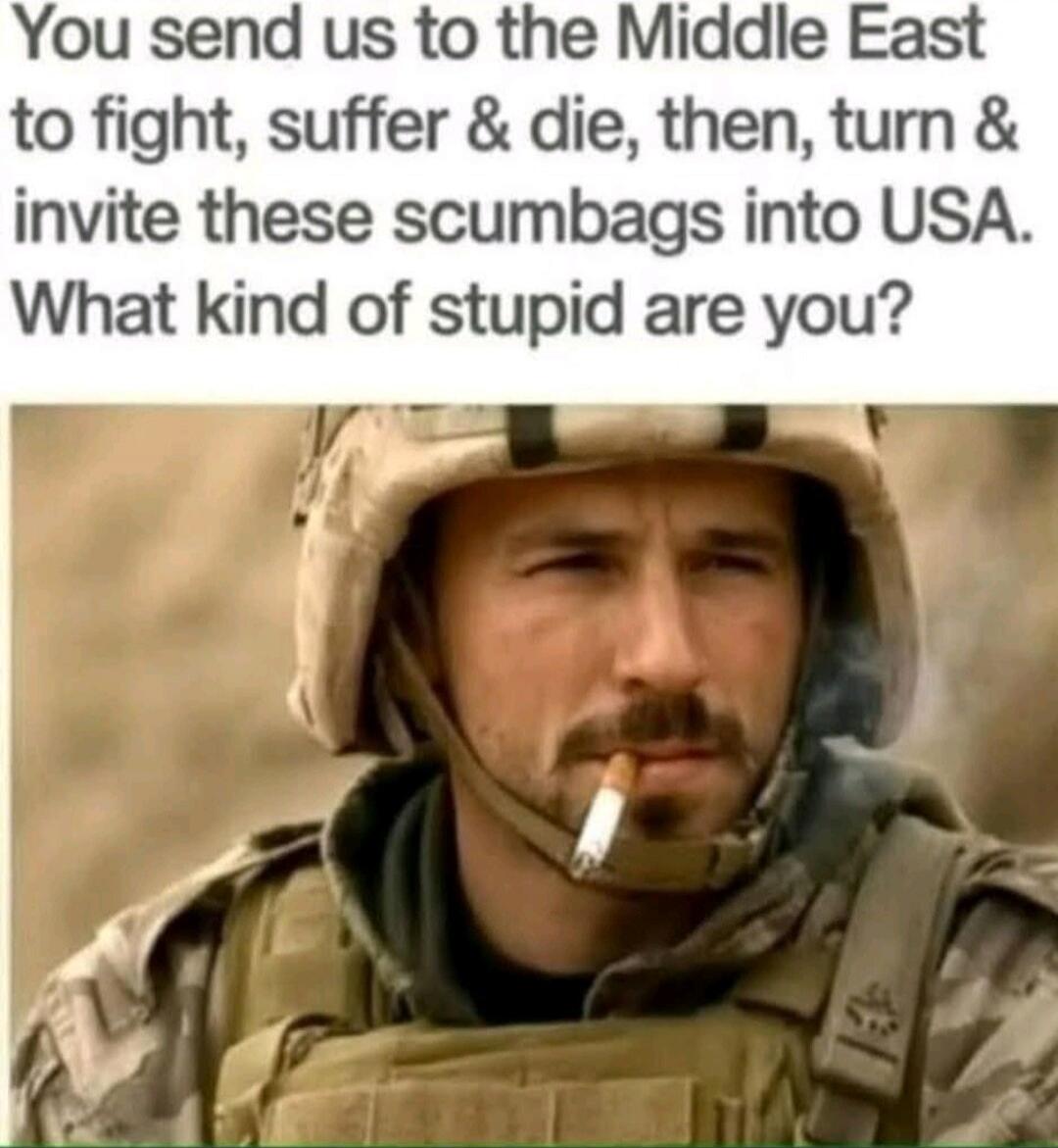 You send us to the Middle East to fight, suffer & die, then, turn & invite these scumbags into USA. What kind of stupid are you?