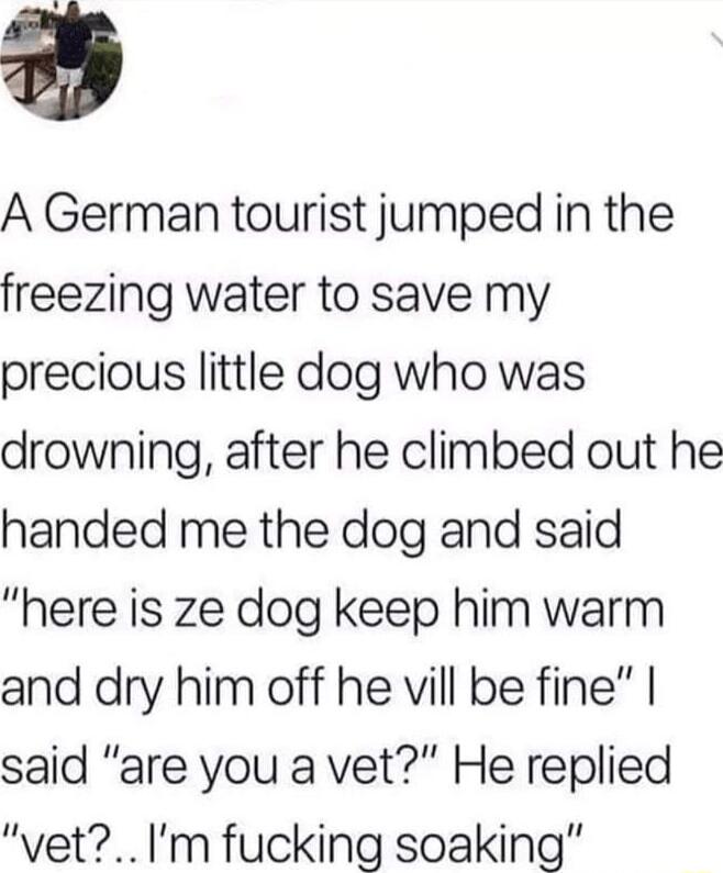 A German tourist jumped in the freezing water to save my precious little dog who was drowning after he climbed out he handed me the dog and said here is ze dog keep him warm and dry him off he vill be fine said are you a vet He replied vetIm fucking soaking