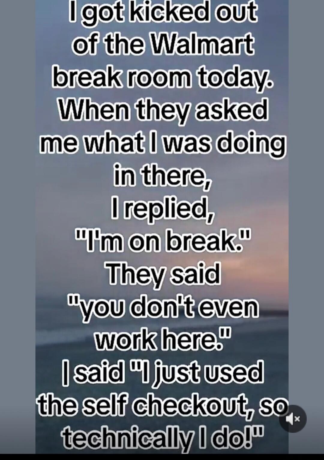 I got kicked out of the Walmart break room today. When they asked me what I was doing in there, I replied, 