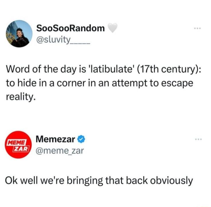 SooSooRandom sluvity_____ Word of the day is latibulate 17th century to hide in a corner in an attempt to escape reality Memezar meme_zar Ok well were bringing that back obviously