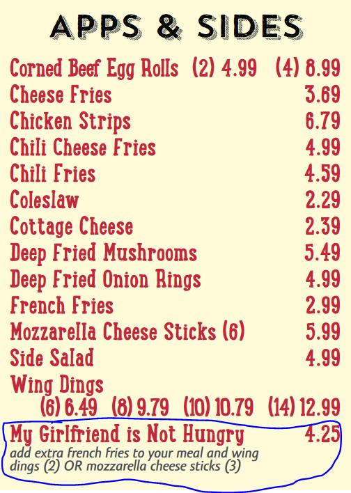 APPS SIDES Corned Beef Egg Rolls 2 499 4 89 Cheese Fries 369 Chicken Strips 679 Chili Cheese Fries 499 Chili Fries 439 Coleslaw 229 Cottage Cheese 239 Deep Fried Mushrooms 549 Deep Fried Onion Rings 499 French Fries 299 Mozzarella Cheese Sticks 6 599 Side Salad 499 Wing Dings 6649 8979 101079 141299 My Girlfriend is Not Hungry 2 add extra french fries to your meal and wing dings 2 OR mozzarella ch