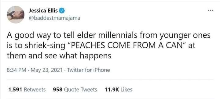 Jessica Ellis baddestmamajama A good way to tell elder millennials from younger ones is to shriek sing PEACHES COME FROM A CAN at them and see what happens 834 PM May 23 2021 Twitter for iPhone 1591 Retweets 958 Quote Tweets 119K Likes