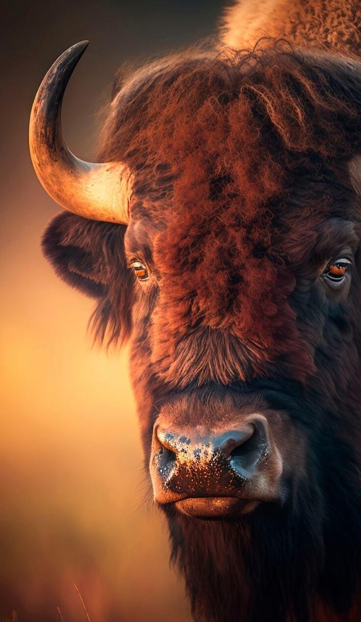 A close-up portrait of a bison with curved horn, warm sunset lighting.