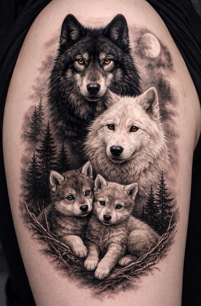Tattoo featuring a family of wolves in a forest with a moonlit backdrop. Includes two adult wolves and two wolf pups, all rendered in a grayscale, realistic style.