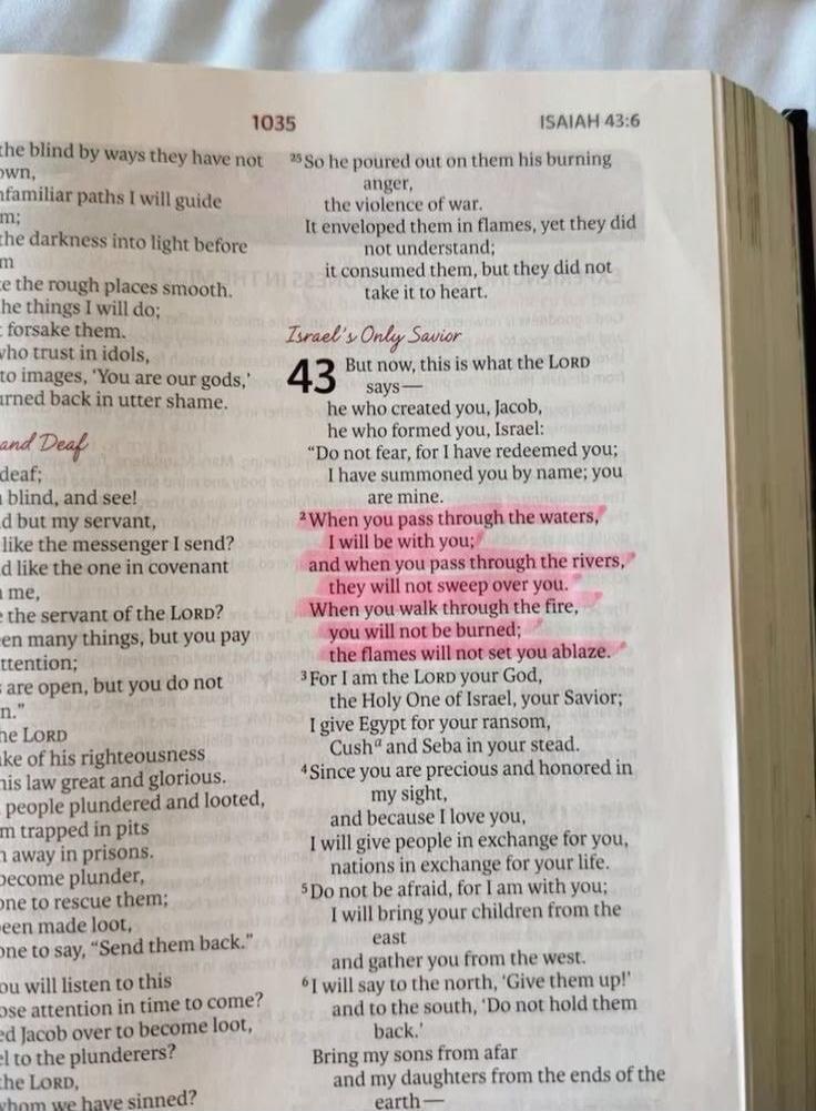 1035 ISAIAH 43:6 So he poured out on them his burning anger, the violence of war. It enveloped them in flames, yet they did not understand; it consumed them, but they did not take it to heart. Israel's Only Savior 43 But now, this is what the LORD says - he who created you, Jacob, he who formed you, Israel: Do not fear, for I have redeemed you; I h