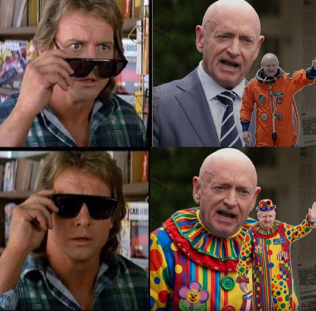 A 'They Live' meme featuring John Nada putting on and taking off sunglasses. When he takes them off, he sees a bald man in a suit, with a smaller image of him as an astronaut. When he puts them on, he sees the same bald man dressed as a clown, with a smaller image of him also as a clown. This meme format is used to imply a critical view of the pers