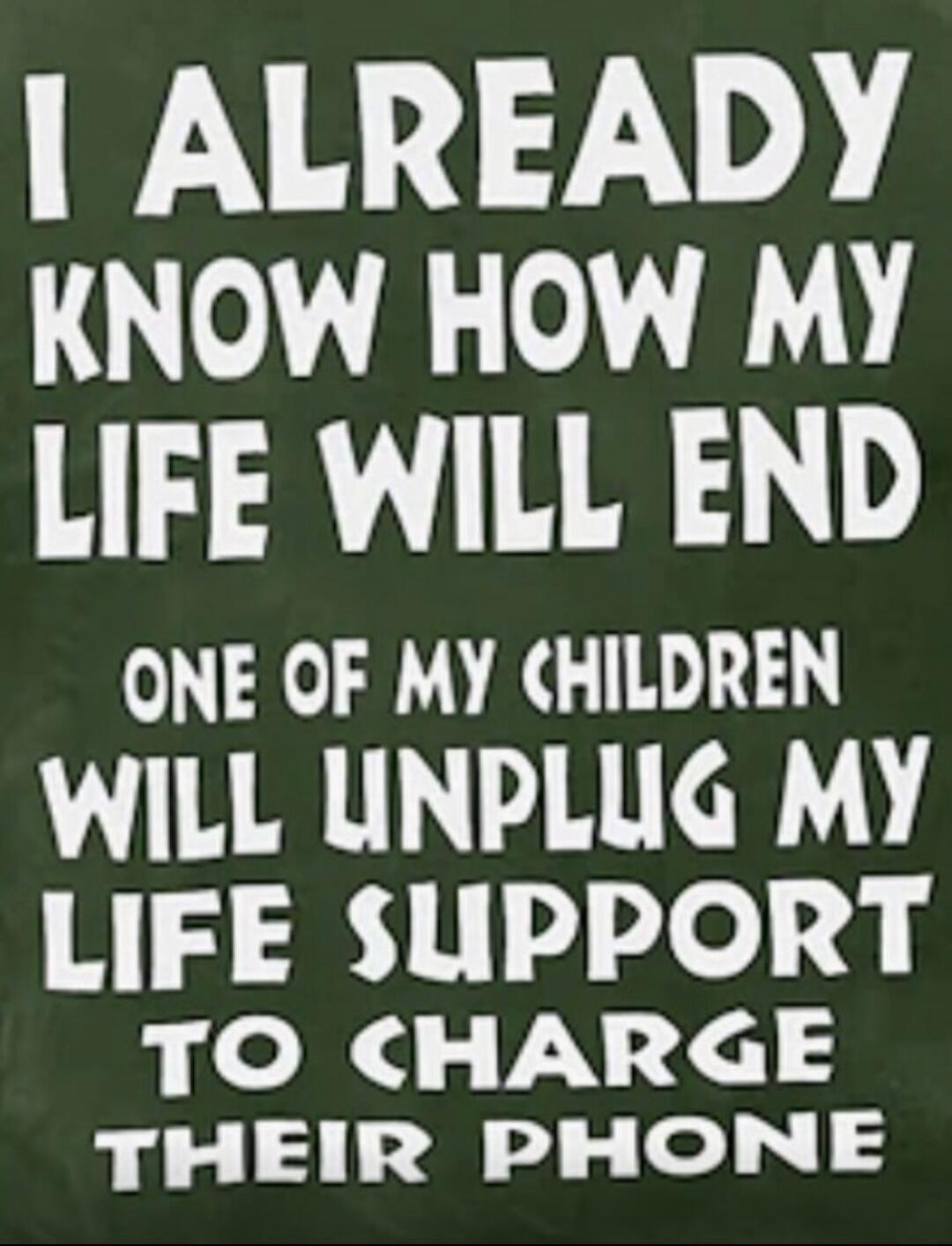 I ALREADY KNOW HOW MY LIFE WILL END ONE OF MY CHILDREN WILL UNPLUG MY LIFE SUPPORT TO CHARGE THEIR PHONE