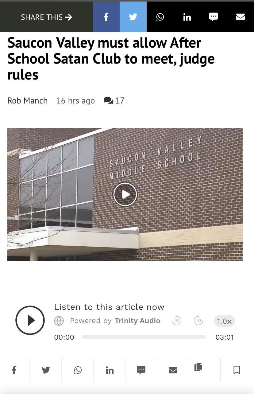 Saucon Valley must allow After School Satan Club to meet judge rules RobManch 16hrsago 17 Listen to this article now