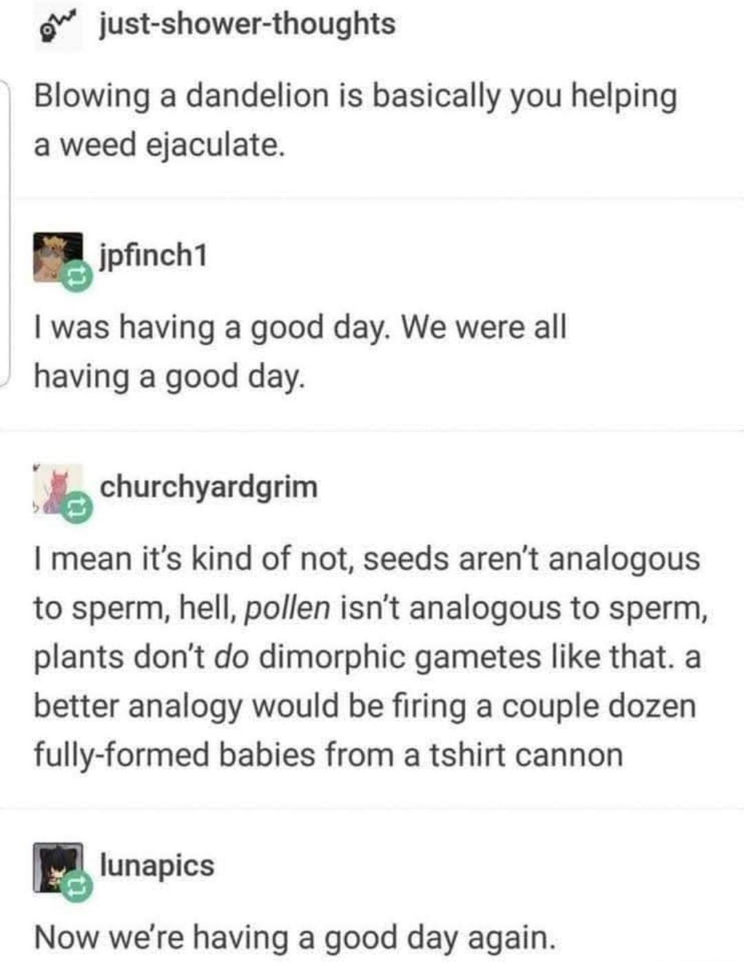 just shower thoughts Blowing a dandelion is basically you helping a weed ejaculate jpnch1 was having a good day We were all having a good day b churchyardgrim I mean its kind of not seeds arent analogous to sperm hell pollen isnt analogous to sperm plants dont do dimorphic gametes like that a better analogy would be firing a couple dozen fully formed babies from a tshirt cannon B lunapics Now were