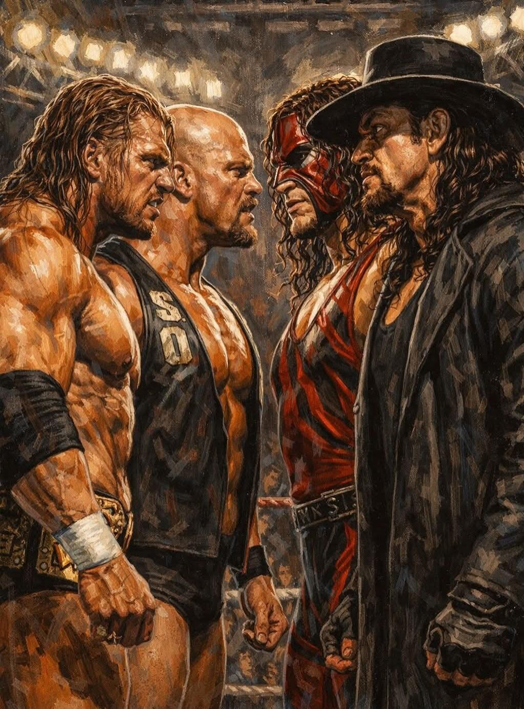 Group of muscular wrestlers in a wrestling ring facing off in a tense stare-down. A tall figure wearing a wide-brimmed hat and long coat stands opposite the others.