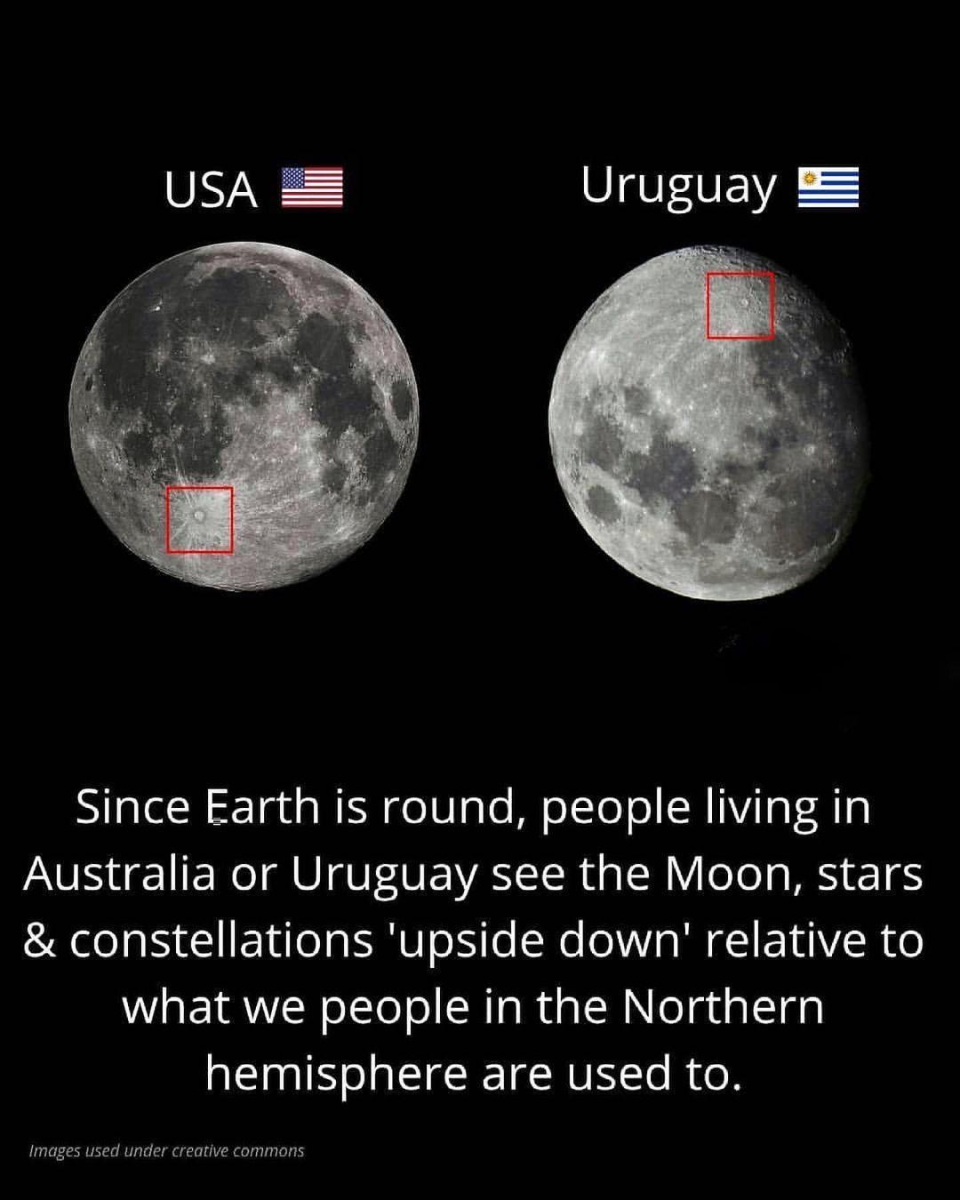 Since Earth is round people living in Australia or Uruguay see the Moon stars constellations upside down relative to WaEIRYRolTeTol ISR TaRu TN egualIgy hemisphere are used to Images used under creative commons