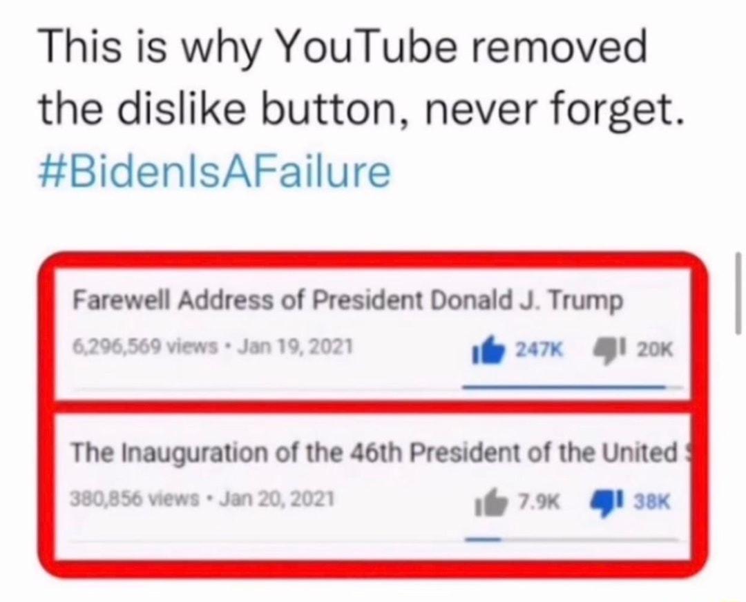 This is why YouTube removed the dislike button never forget BidenlsAFailure Farewell Address of President Donald J Trump 6296569 views Jan 192021 il 2 2k The Inauguration of the 46th President of the United 38025 views Jan 202021 I E